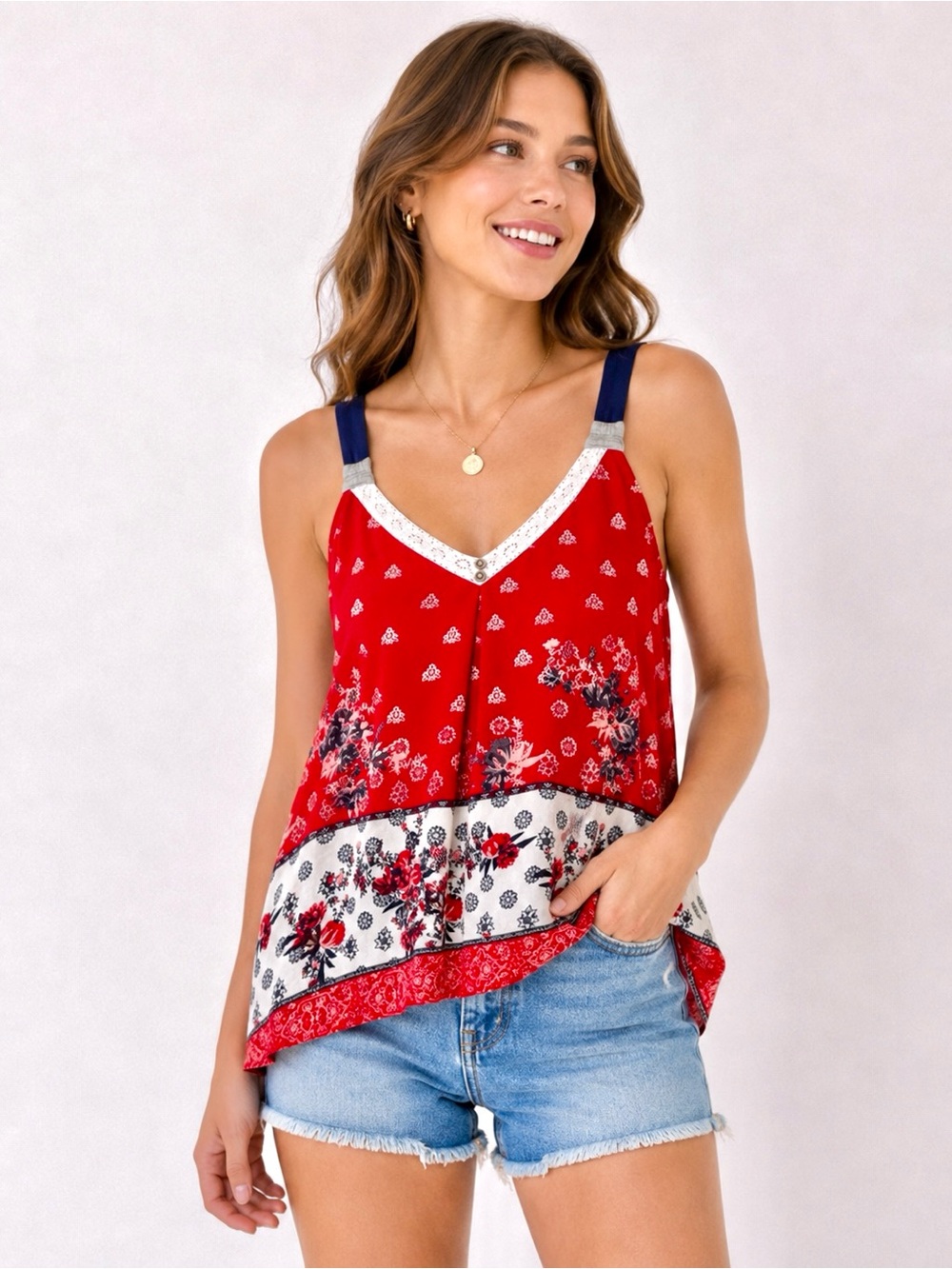 Jolt Boho Tank Top Red Floral Lace Trim Sleeveless Swing Tunic